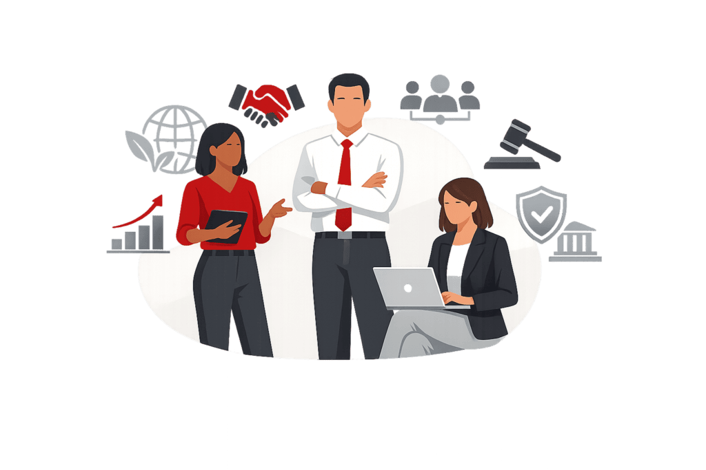 Profissionais analisando ESG com ícones de sustentabilidade, governança e impacto social em estilo corporativo.