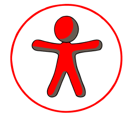 Símbolo de acessibilidade. Figura humana vermelha e estilizada, com braços e pernas abertos, dentro de um círculo vermelho.